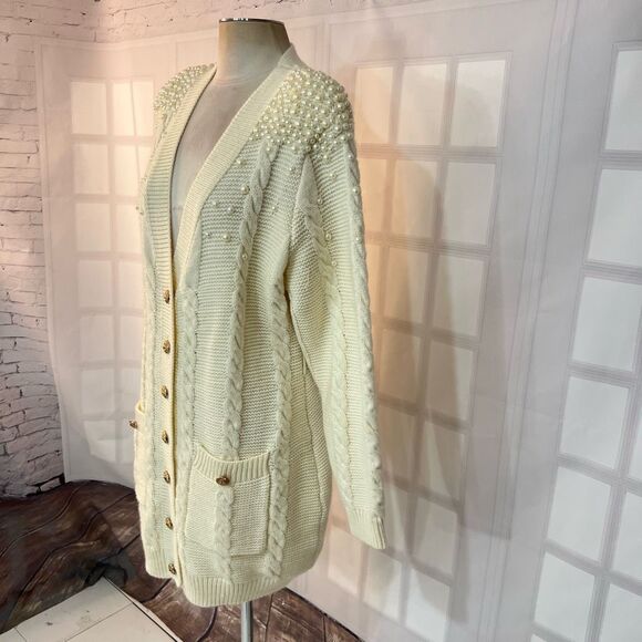 Lilly's Kloset Cream Cable Knit Golf Button V-Neck Long Cardigan Size 2XL - Picture 3 of 12